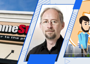 Imagen destacada con fachada de Gamestop, Adam Back y avatar de Alfredo Oquendo.