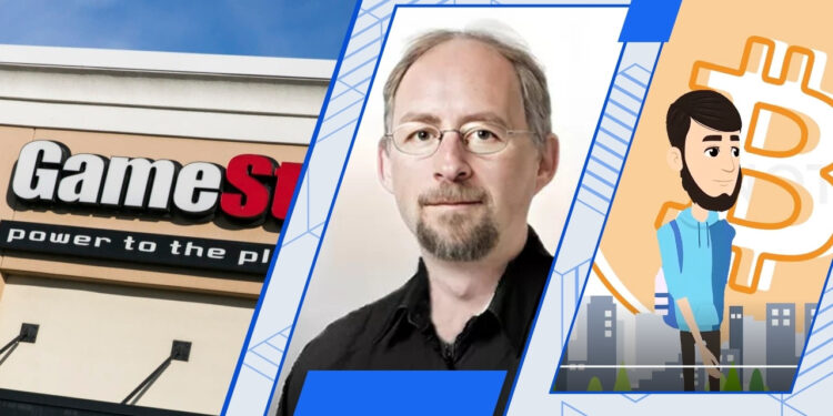 Imagen destacada con fachada de Gamestop, Adam Back y avatar de Alfredo Oquendo.