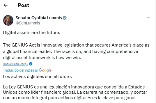 Muestra de apoyo de la senadora Cynthia Lummis al proyecto de ley GENIUS