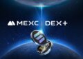 Dos mundos conectados por un haz de luz detrás de los logos de MEXC y DEX+