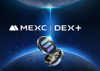 Dos mundos conectados por un haz de luz detrás de los logos de MEXC y DEX+