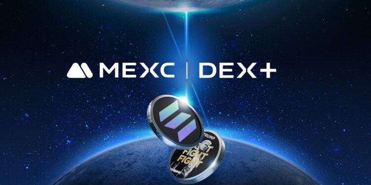 Dos mundos conectados por un haz de luz detrás de los logos de MEXC y DEX+