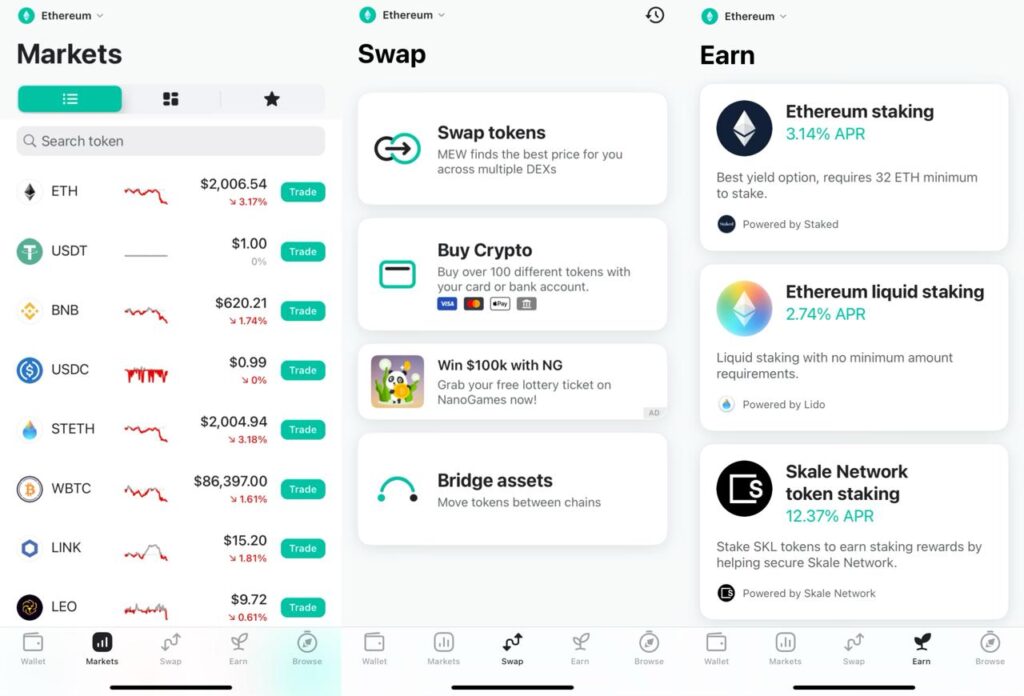Aplicación móvil de Mew Wallet con su portafolio y servicios