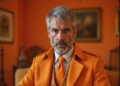 MIchael Saylor vestido del color naranja del símbolo de Bitcoin