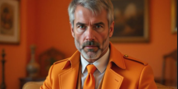 MIchael Saylor vestido del color naranja del símbolo de Bitcoin