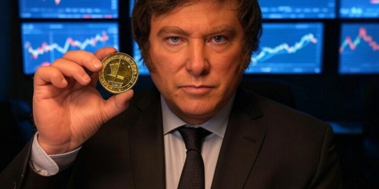 Imagen creada por IA de Javier Milei sosteniendo una moneda de LIBRA.