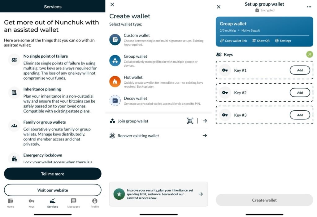 Captura de pantalla de la wallet Nunchuk, con los servicios que ofrece