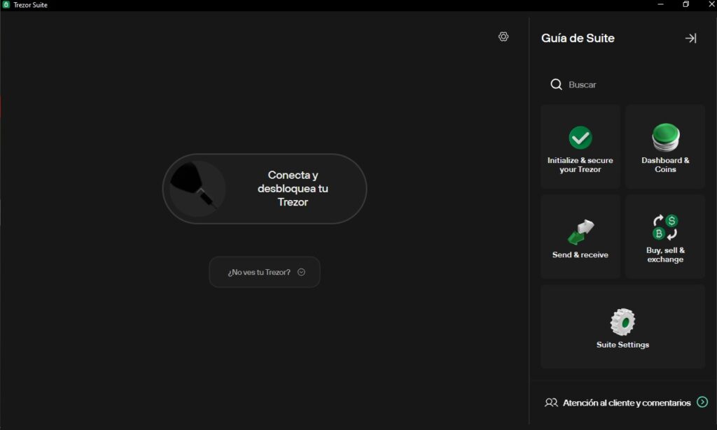 Imagen de la aplicación de escritorio de Trezor Model T