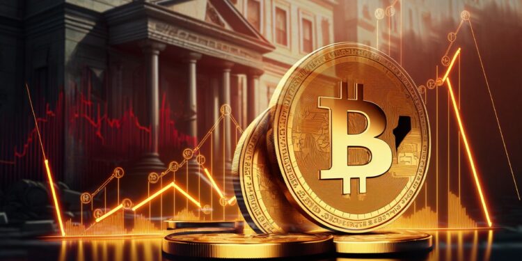 Una imagen de una institución financiera acompañada de una moneda de bitcoin.