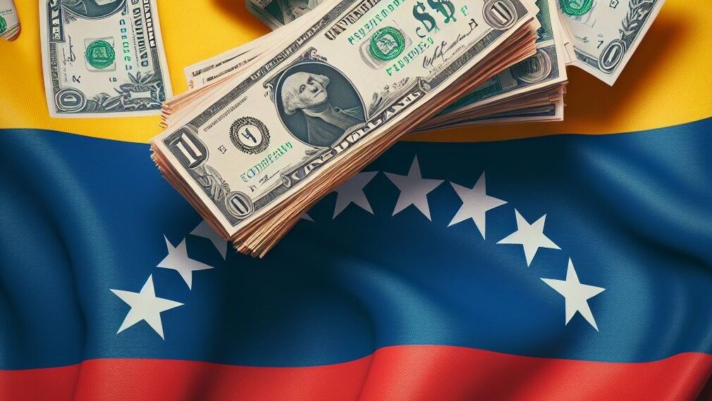 Imagen generada por IA sobre fajos de dólares sobre la bandera de Venezuela.