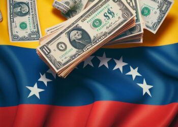 Imagen generada por IA sobre fajos de dólares sobre la bandera de Venezuela.