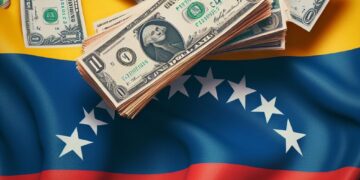 Imagen generada por IA sobre fajos de dólares sobre la bandera de Venezuela.