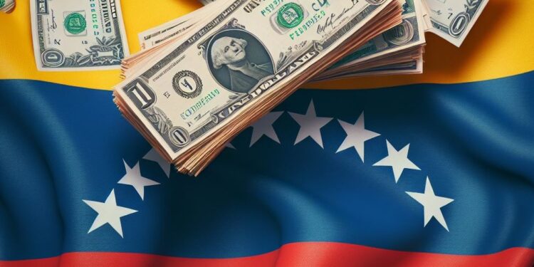 Imagen generada por IA sobre fajos de dólares sobre la bandera de Venezuela.