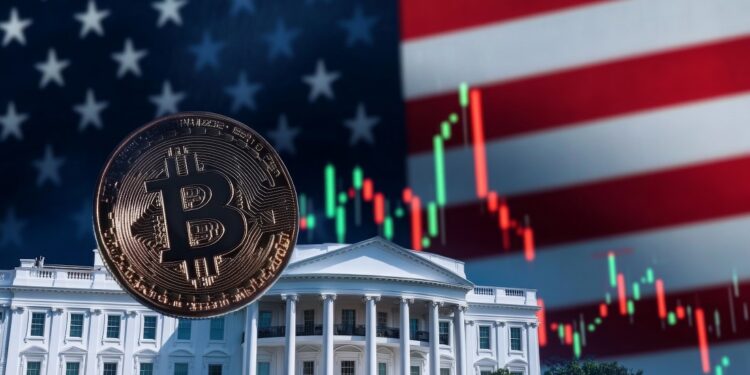 Composición que incluye una moneda de bitcoin, la Casa Blanca, un gráfico de precio genérico y la bandera de Estados Unidos.