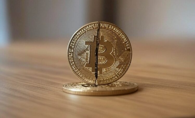 Imagen generada por la IA Grok de un bitcoin siendo partido a la mitad.