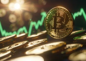 Moneda dorada de bitcoin delante de un gráfico de precio verde.