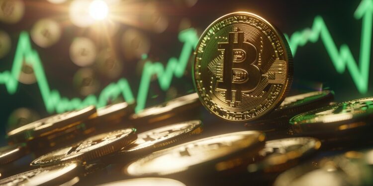 Moneda dorada de bitcoin delante de un gráfico de precio verde.