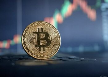 moneda de bitcoin sobre una mesa y de fondo un gráfico de precios.