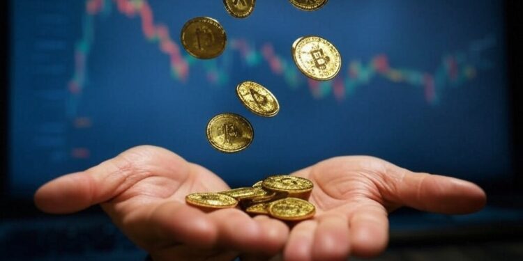 bitcoin cayendo en un par de manos.