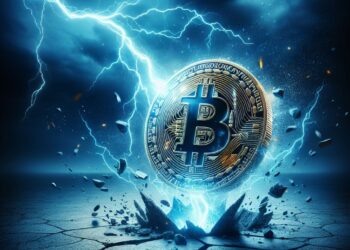 Una moneda de bitcoin recibiendo un rayo eléctrico del cielo.