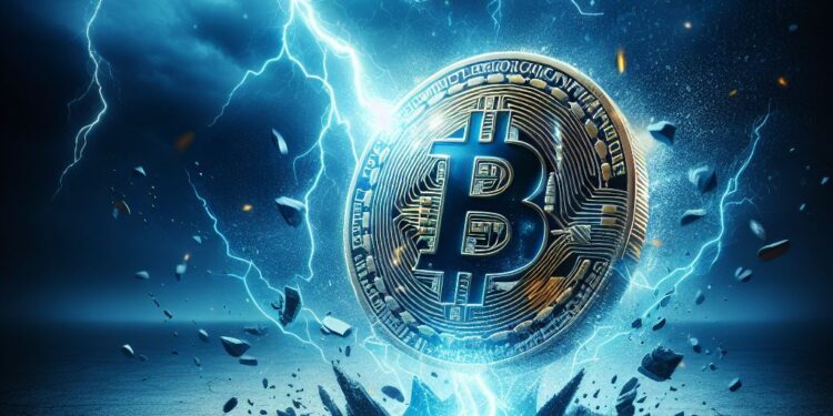 Una moneda de bitcoin recibiendo un rayo eléctrico del cielo.