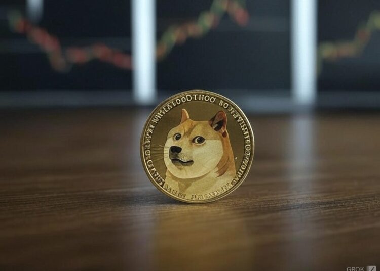 Una moneda con el logo de dogecoin sobre una mesa.