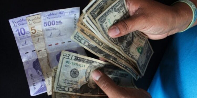Una fotografía de alguien manejando dólares y bolívares en efectivo.