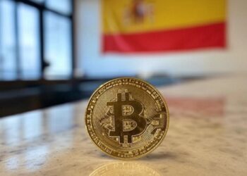 Imagen generada por la IA Grok de bitcoin dentro de un banco con la bandera de España en el fondo.