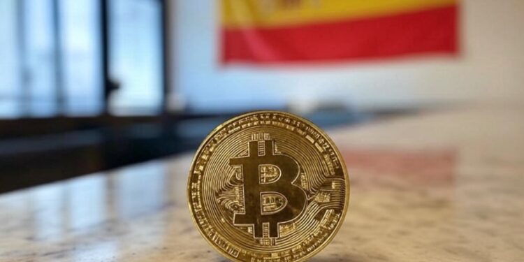 Imagen generada por la IA Grok de bitcoin dentro de un banco con la bandera de España en el fondo.