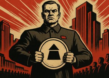A dystopian propaganda poster in the style of Soviet-era designs. A cold, authoritarian leader stands at the center, holding a large coin with a state-controlled symbol, representing the monopoly over money. His expression is stern and commanding. The background features imposing,