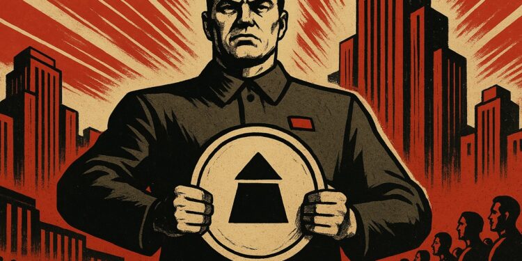 A dystopian propaganda poster in the style of Soviet-era designs. A cold, authoritarian leader stands at the center, holding a large coin with a state-controlled symbol, representing the monopoly over money. His expression is stern and commanding. The background features imposing,
