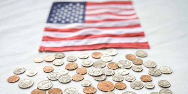Imagen generada por IA de una bandera de EE. UU. y monedas,