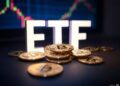 Una mesa con monedas de bitcoin y las letras ETF em blanco con un fondo de un gráfico.