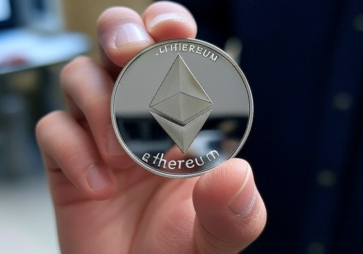 Una moneda plateada de Ethereum