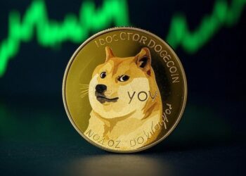 Una moneda con el logo de la memecoin dogecoin (DOGE).