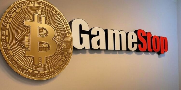 Una imagen generada por la IA Grok sobre el logo de GameStop y bitcoin.