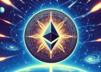 guerra cuántica y el logo de Ethereum, estilo sci-fi