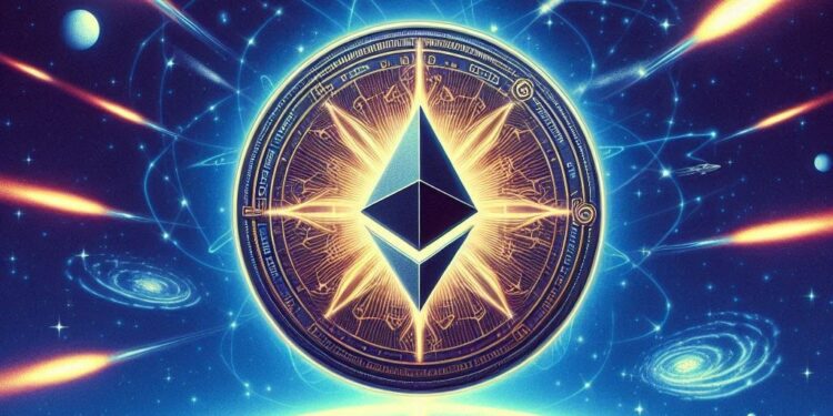 guerra cuántica y el logo de Ethereum, estilo sci-fi