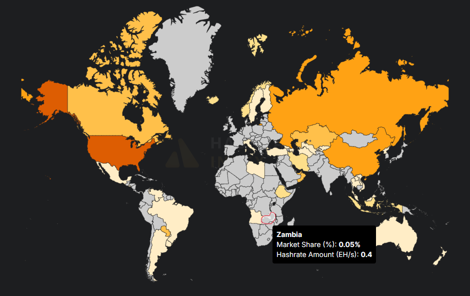 Mapa de calor de los niveles de hashrate de BTC que los países ostentan.
