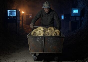 Minero con carretilla llena de Bitcoin.