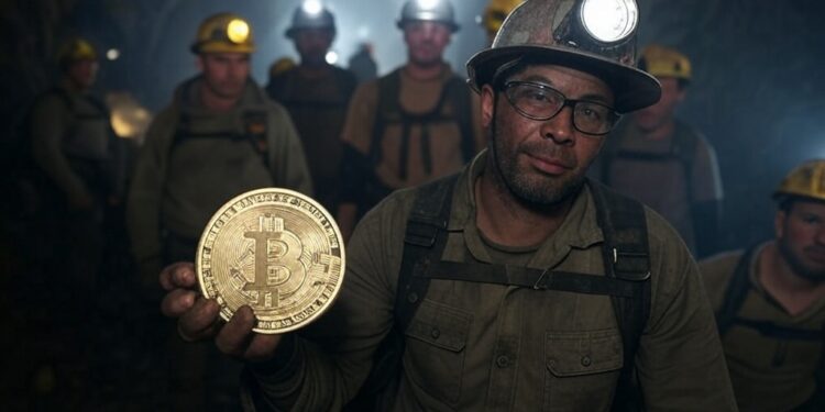 Mineros de bitcoin trabajando en una cueva minera.