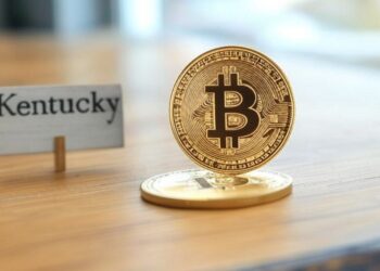 Imagen generada por inteligencia artificial sobre bitcoin en un escritorio y un letrero que dice Kentucky.