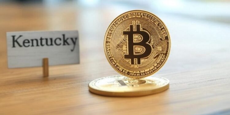 Imagen generada por inteligencia artificial sobre bitcoin en un escritorio y un letrero que dice Kentucky.