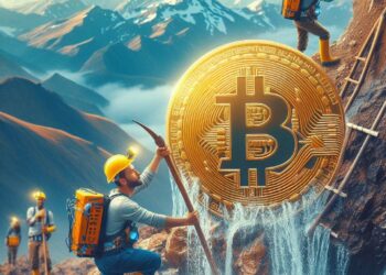 Una persona con implementos de minería y un bitcoin al lado.