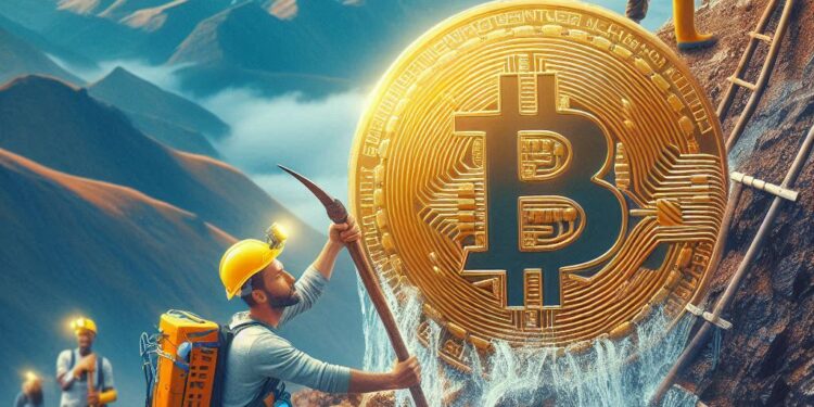 Una persona con implementos de minería y un bitcoin al lado.