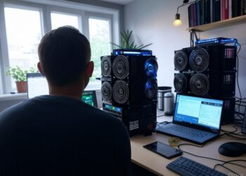 Una personas de espalda, frente a una laptop y un equipos de minería de Bitcoin