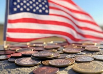 Imagen generada por inteligencia artificial sobre la bandera de EE. UU. rodeada de monedas.