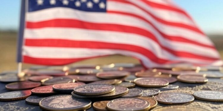 Imagen generada por inteligencia artificial sobre la bandera de EE. UU. rodeada de monedas.