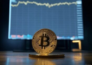Moneda de bitcoin sobre una mesa.