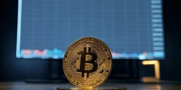 Moneda de bitcoin sobre una mesa.